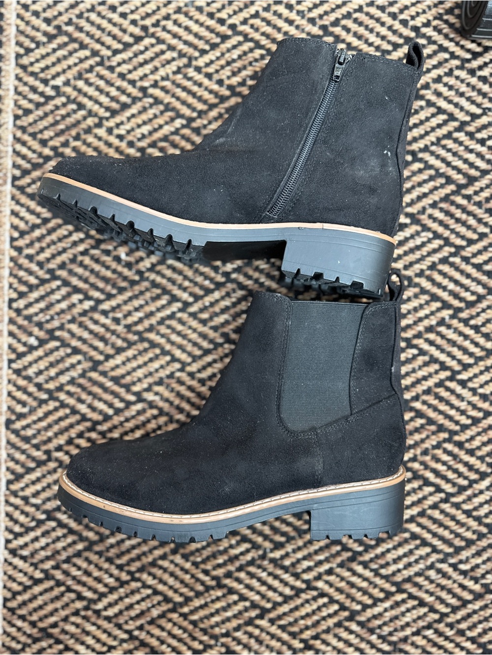 Kensie Black Suede Lug-Sole Ankle Booties with Tan Welt